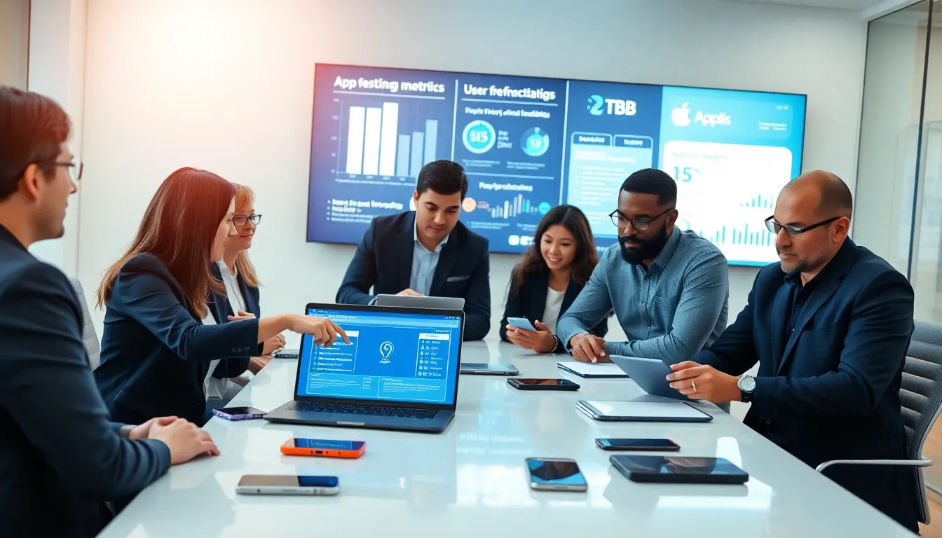 diverse team testing mobile apps in a modern office.