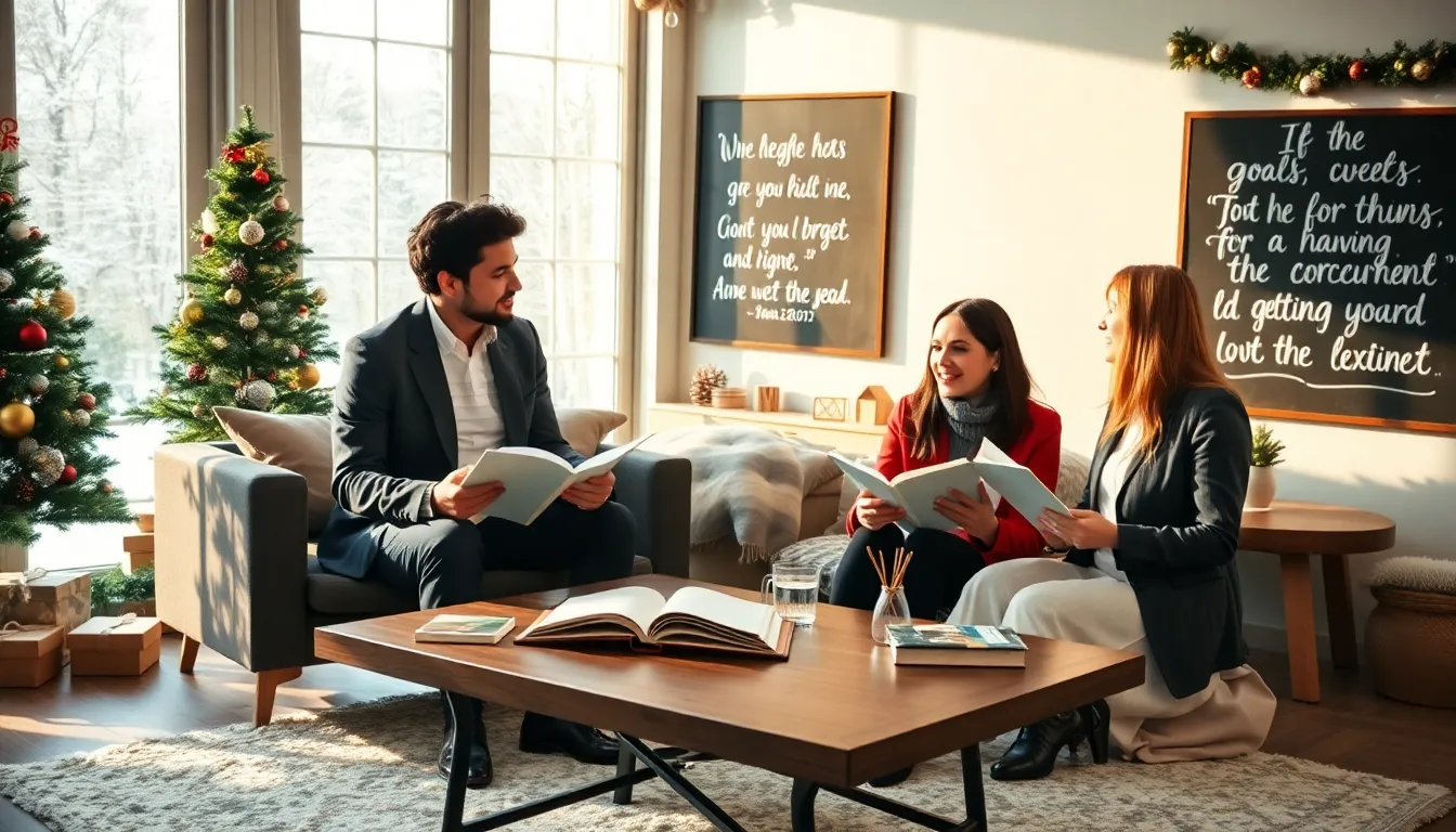 diverse professionals sharing inspirational quotes in a cozy winter setting.