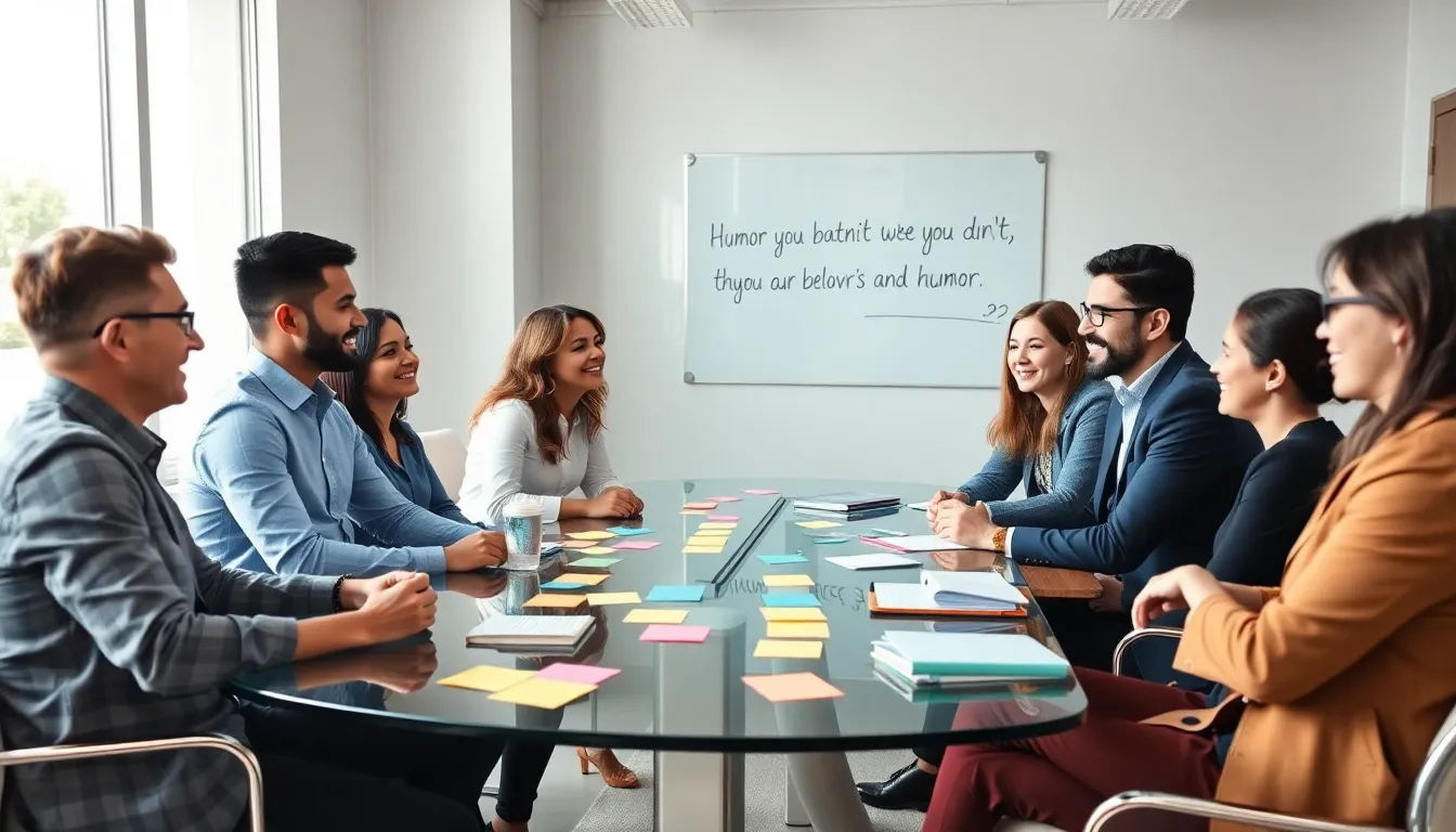 professionals laughing together in a bright, modern office.