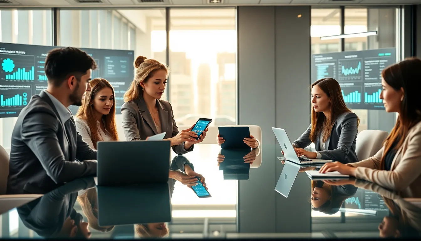 Mobile Services Manager demonstrating app installation to a diverse team.