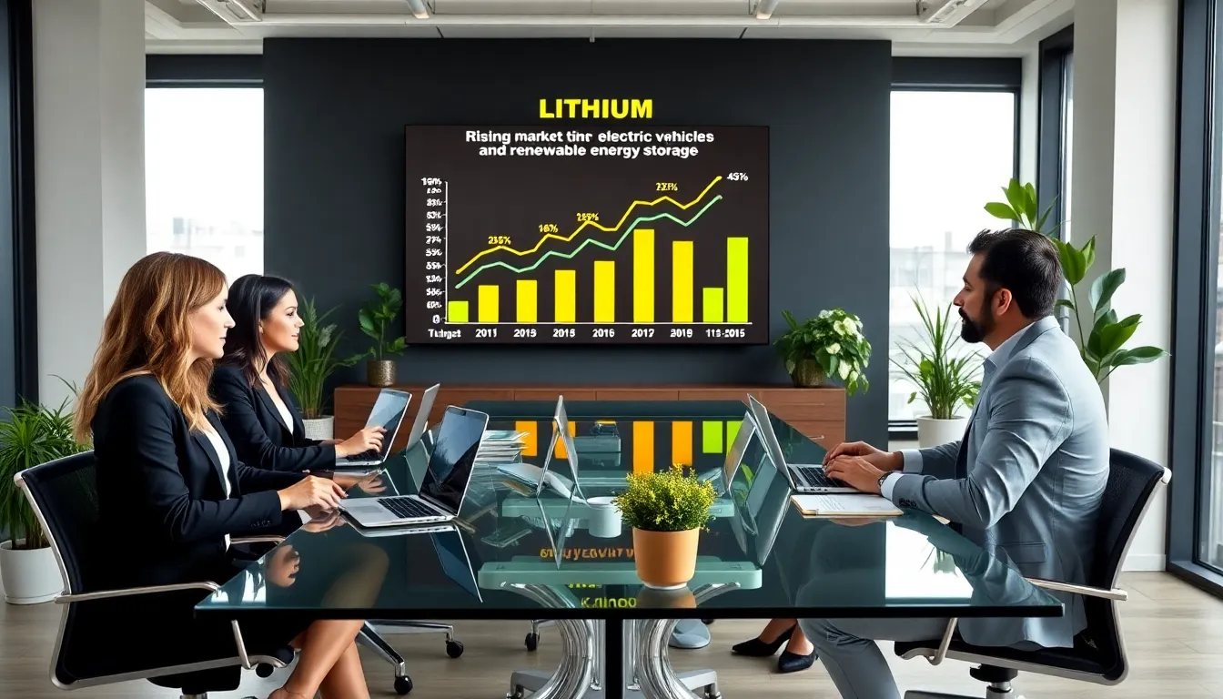 diverse team discussing lithium investment in a modern office.