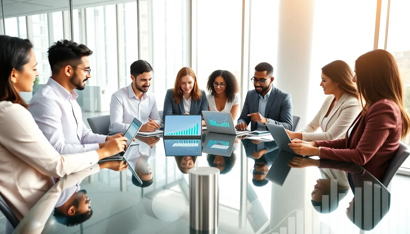 diverse team discussing investing insights in a modern office.