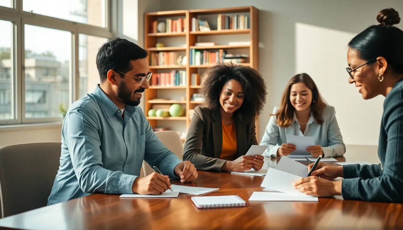 diverse professionals writing thank you notes in an inspiring office.
