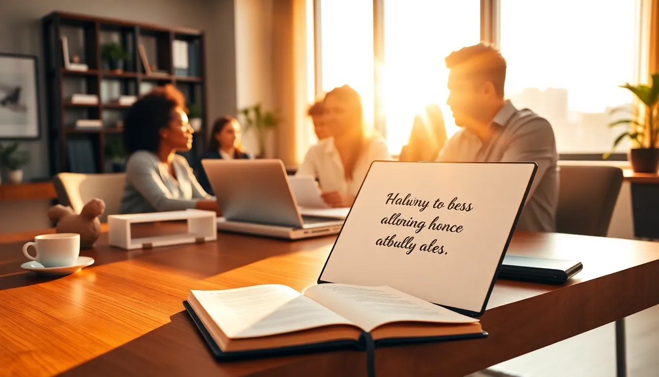 inspirational quotes in a modern office setting with diverse professionals.