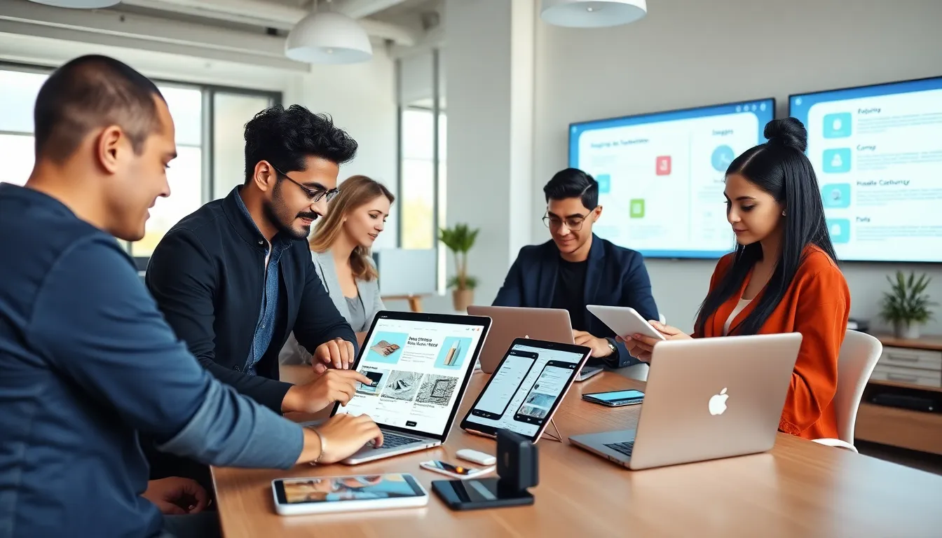 diverse team collaborating on mobile app creation tools in an office.