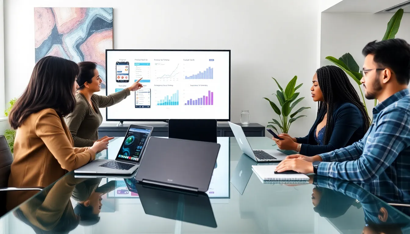 diverse team discussing mobile app monetization strategies in a modern office.